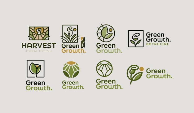 Vector una colección de logos verdes y amarillos para el crecimiento verde.