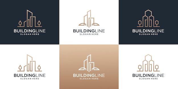Colección de logotipo de bienes raíces de construcción con plantilla de diseño de logotipo de estilo de arte lineal.