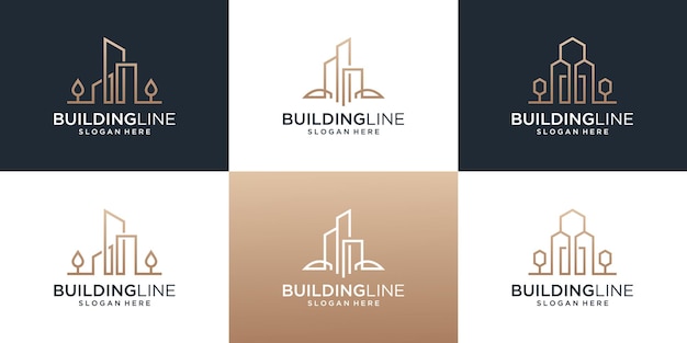 Colección de logotipo de bienes raíces de construcción con plantilla de diseño de logotipo de estilo de arte lineal.