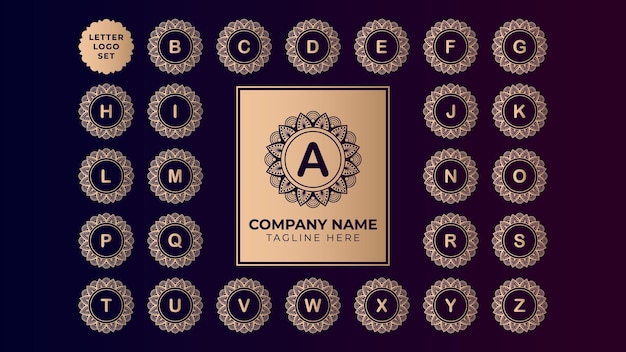 Colección de logotipo de carta de marca de lujo con elemento de marco de adorno de mandala de estilo púrpura dorado