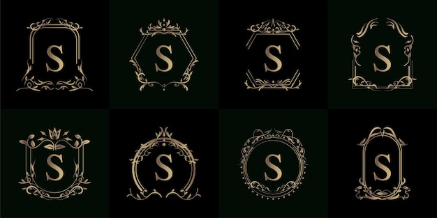 Colección de logotipo inicial con adorno de lujo o marco de flores