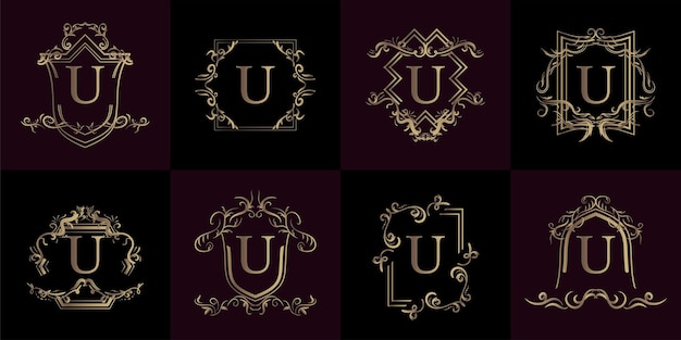Colección de logotipo inicial U con adorno de lujo o marco de flores