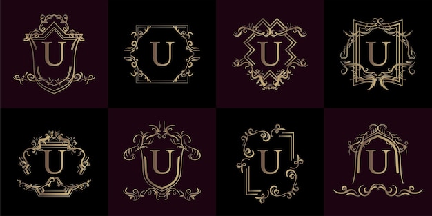 Vector colección de logotipo inicial u con adorno de lujo o marco de flores