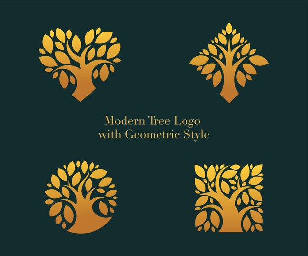 Colección de logotipos de árboles modernos diseños estilizados dentro de formas iconos en estilo geométrico