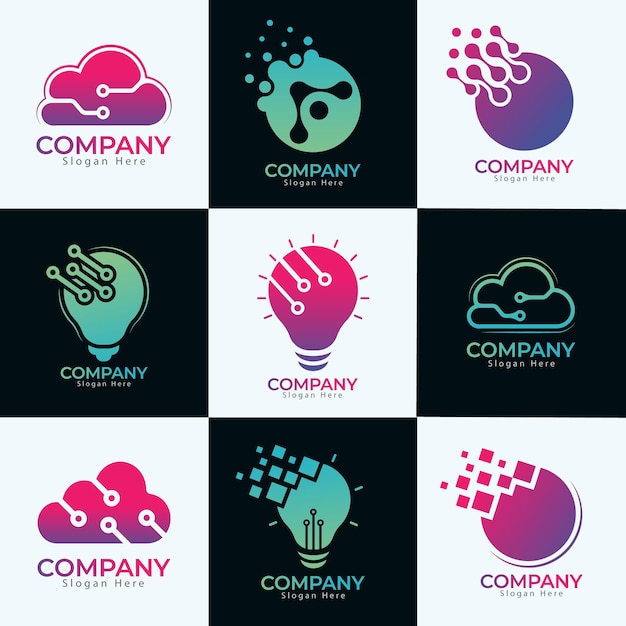 Colección de logotipos de bombillas eléctricas de tecnología empresarial y color degradado con Vector Premium
