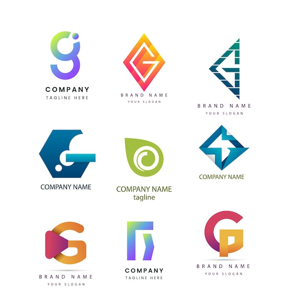 una colección de logotipos coloridos que incluyen la letra g