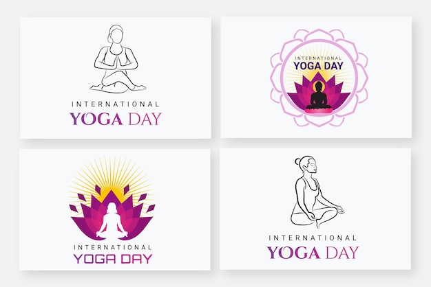 Colección de logotipos del día internacional del yoga con pose de yoga de mujer y señor buda sentado en flor de loto