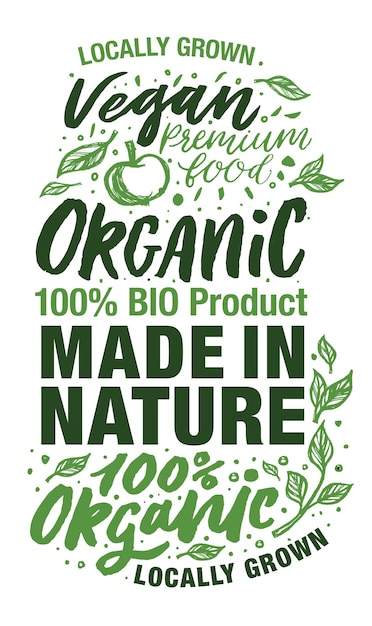 Vector colección de logotipos y elementos de productos orgánicos hechos en la naturaleza y veganos cultivados localmente