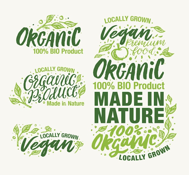 Colección de logotipos y elementos de productos orgánicos hechos en la naturaleza y veganos cultivados localmente