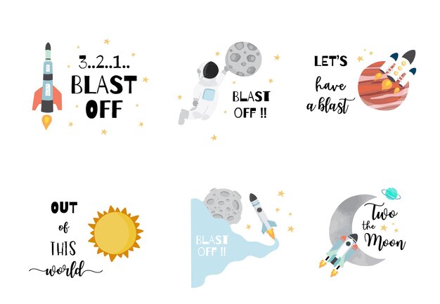 colección de logotipos espaciales con astronauta, sol, luna, estrella, cohete