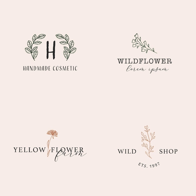 Colección de logotipos florales femeninos dibujados a mano en estilo de arte de línea minimalista
