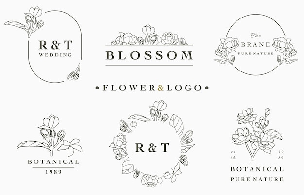 Colección de logotipos de flores con hojas, geométricas, marco circular.