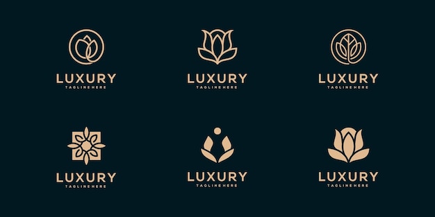 Colección de logotipos de flores, rosas y hojas de belleza de arte de línea de lujo