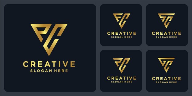 Colección de logotipos en forma de triángulo con color dorado.