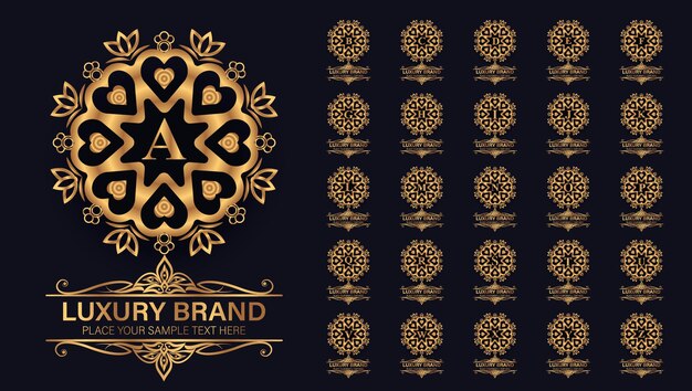 Colección de logotipos de letras elegantes doradas con marco