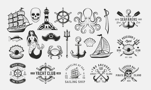 Colección de logotipos de la marina náutica y los piratas, emblemas, etiquetas y insignias
