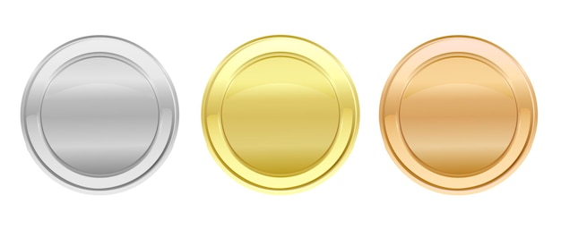 Vector colección de logotipos de medallas conjunto de premios redondos brillantes o monedas en colores dorado plata bronce marcos de lujo