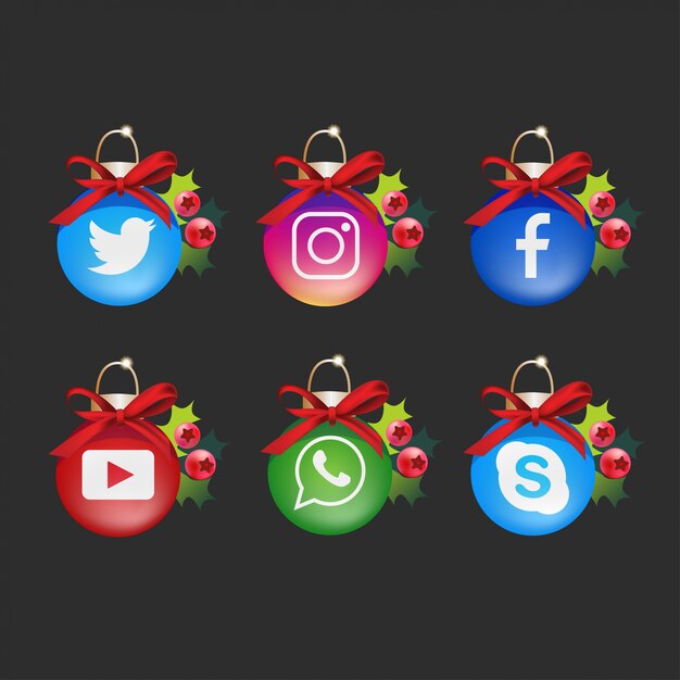 Colección de logotipos navideños de redes sociales con decoraciones