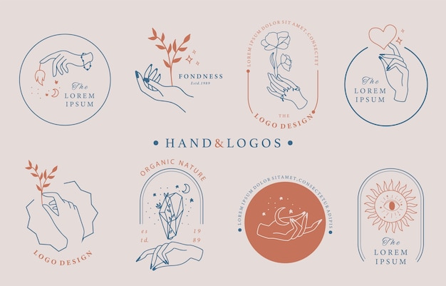 Colección de logotipos ocultos de belleza con mano, geométrica, rosa, luna, estrella, flor.ilustración de vector para icono, logotipo, pegatina, imprimible y tatuaje