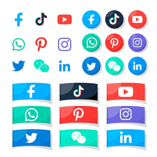 Colección de logotipos de redes sociales populares en color y gris