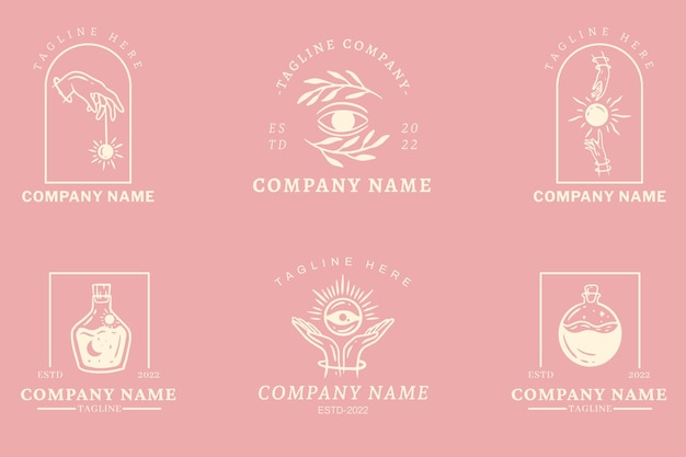 Colección de logotipos de símbolos minimalistas simples místicos blancos estilo pastel rosa claro