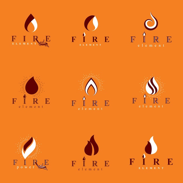 Colección de logotipos vectoriales de fuego naranja caliente, elemento de la naturaleza. Emblema corporativo de negocio de gasolina para uso en diseño gráfico.