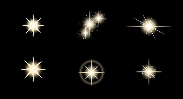 Colección de luces de estrellas realistas sobre un fondo transparente