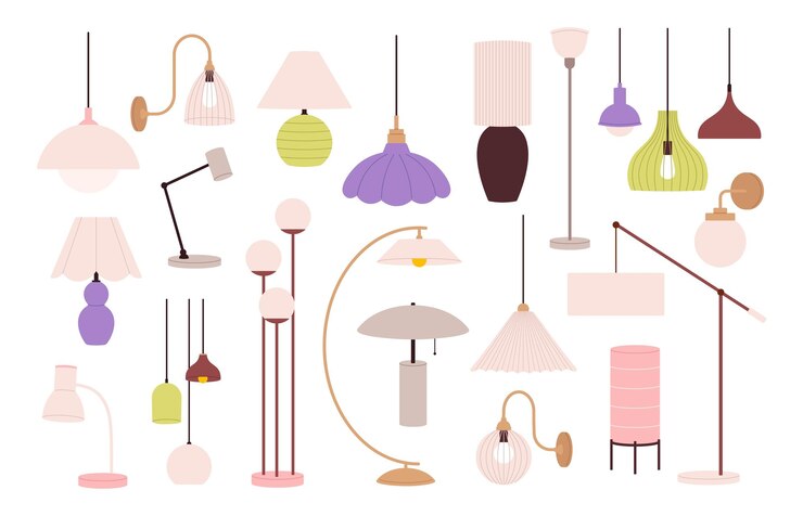 Vector colección de luces para el hogar interior techo lámparas contemporáneas diseño de luces decoración moderna candelabro eléctrico casa lámpara retro racy conjunto vectorial