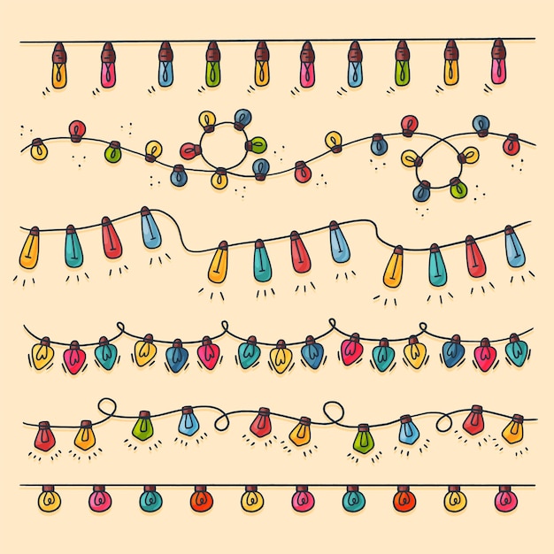 Colección de luces de navidad handdrawn, ilustración vectorial. estilo de dibujos animados lindo dibujado a mano