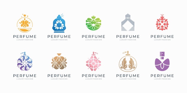 Colección de lujo de plantilla de logotipo de perfume con logotipo de botella de perfume de inspiración de color degradado
