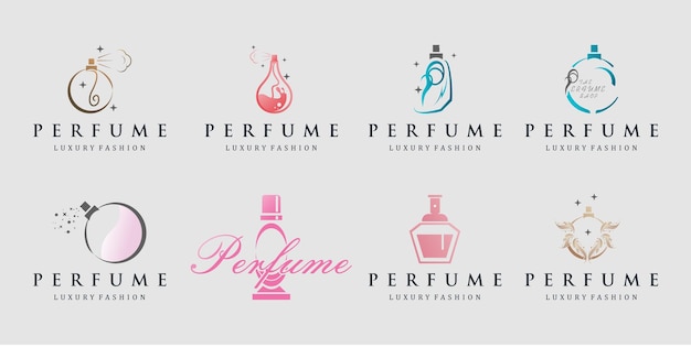 Colección de lujo de vector de plantilla de logotipo de perfume con logotipo de botella de perfume de inspiración de color degradado Vector Premium