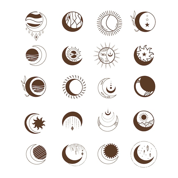 Vector colección de luna y sol dibujados a mano. símbolos, iconos y logotipos lineales bohemios. boho sunrise logo design ilustración de vector de arte lineal. varios elementos de diseño geométrico minimalista.