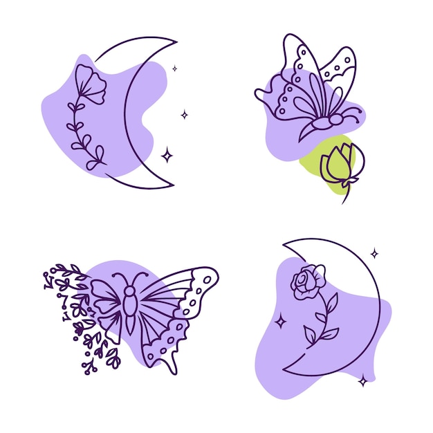 Vector la colección mágica de imágenes prediseñadas de flores de arte lineal con luna de mariposa y estrellas