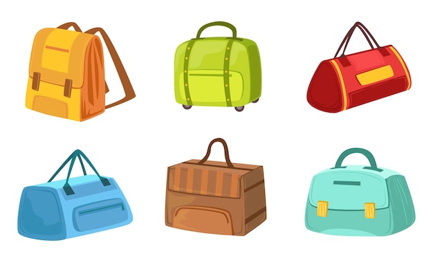 Colección de maletas Conjunto de bolsas de cuero y textil Ilustración vectorial de equipaje de viaje