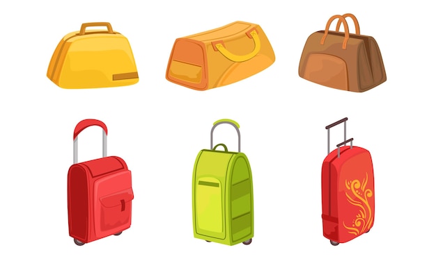 Colección de maletas de cuero, textiles y bolsas de plástico para ilustraciones vectoriales de viaje