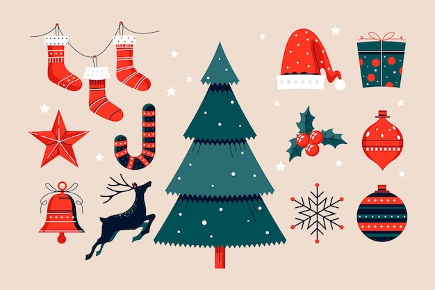 Colección a mano de elementos de navidad