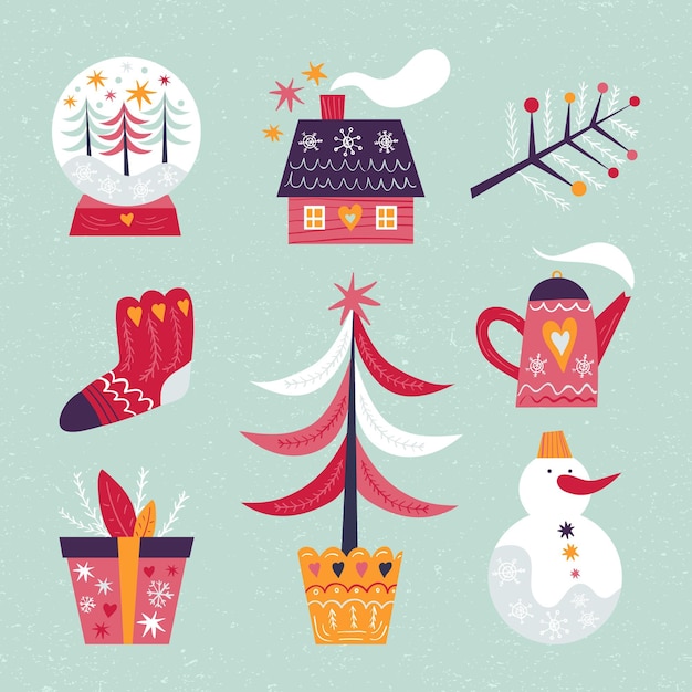 Colección a mano de elementos de navidad