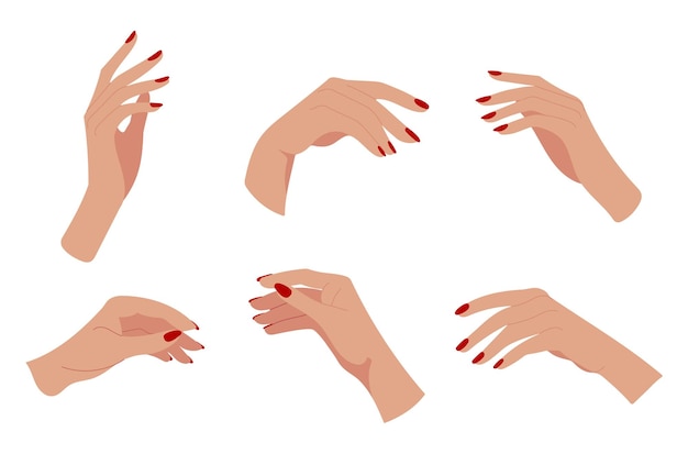 Colección de manos femeninas con esmalte de uñas rojo