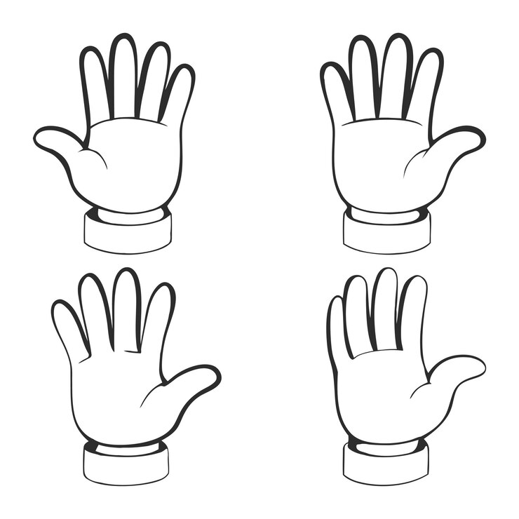 Vector colección de manos con guantes de dibujos animados en estilo vectorial lineal
