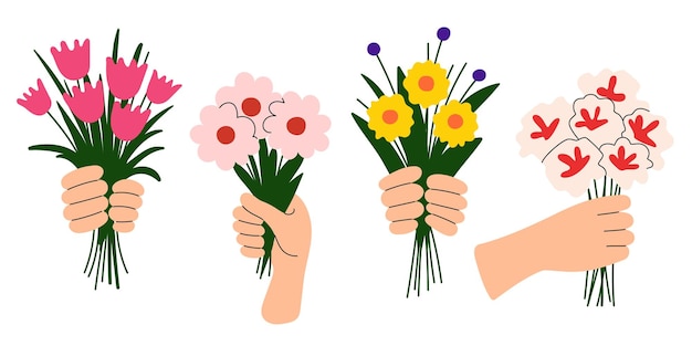 Colección de manos que sostienen ramos de flores Composición floral colorida en un estilo plano Adecuada para tarjetas de felicitación Impresións invitaciones carteles pegatinas y diseños digitales