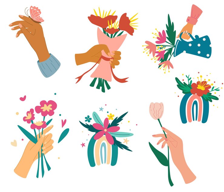 Vector colección de manos sosteniendo ramos de flores o ramos de flores. paquete de elementos de diseño decorativo floral. arco iris de colores con flores. regalo romántico. ilustración vectorial.