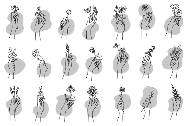 Colección de manos sosteniendo ramos de flores. Paquete de decoración floral. Conjunto de regalos de verano. Ilustración vectorial.