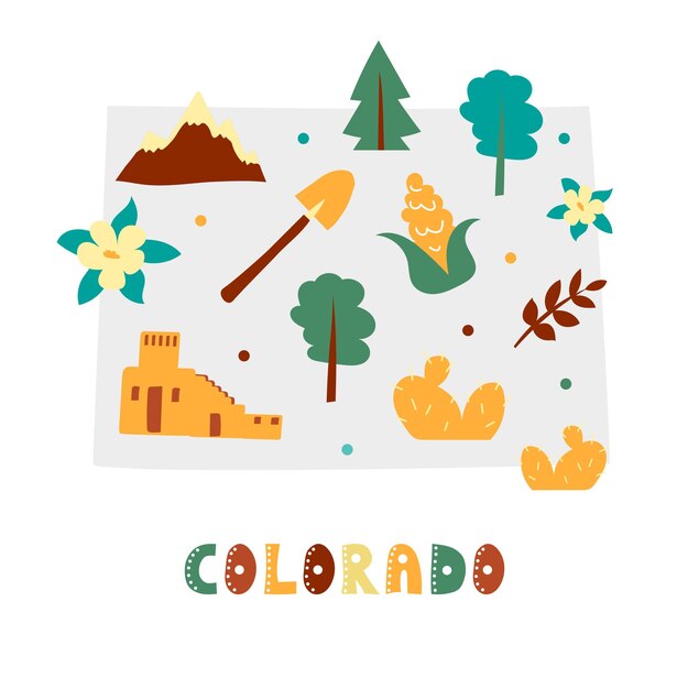 Colección de mapas de estados unidos. símbolos del estado y la naturaleza en la silueta del estado gris - colorado. estilo simple de dibujos animados para imprimir