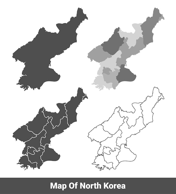 Colección de mapas políticos grises del país de Corea del Norte con ilustración vectorial del contorno de la frontera