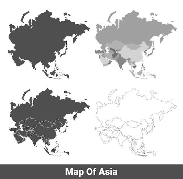 Colección de mapas políticos grises de países de Asia con ilustración vectorial del contorno de la frontera