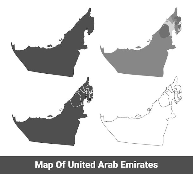 Colección de mapas políticos grises de países de los Emiratos Árabes Unidos con ilustración vectorial del contorno de la frontera