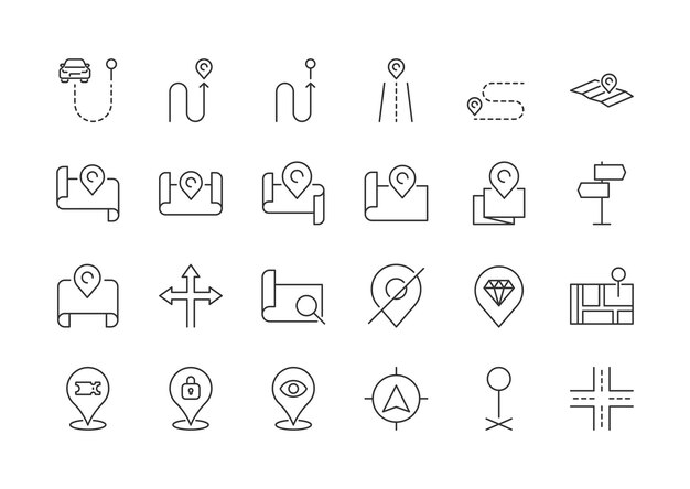 Colección de mapas simples, pines, iconos de líneas delgadas, trazos editables, iconas de ubicación y lugar, ilustraciones de iconos vectoriales aisladas en fondo blanco, marcas vectoriales para aplicaciones móviles y sitios web.