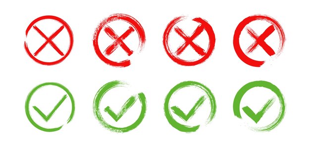 Colección de marcas de verificación y cruces dibujadas a mano con pincel Tinta de lápiz o pincel Marcas de verificación dibujadas a mano y pequeñas cruces Bocetos de garabatos aislados sobre fondo blanco Ilustración vectorial