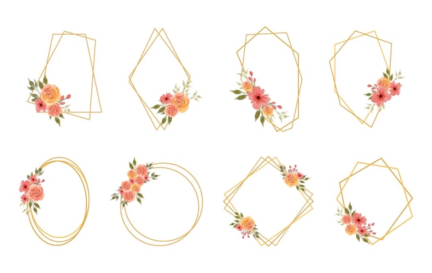 colección de marco de boda floral dorado con flor de acuarela