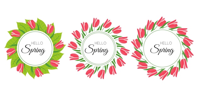 Colección de marcos decorativos adornados con flores rojas Fondo de corona floral de primavera ideal para el saludo